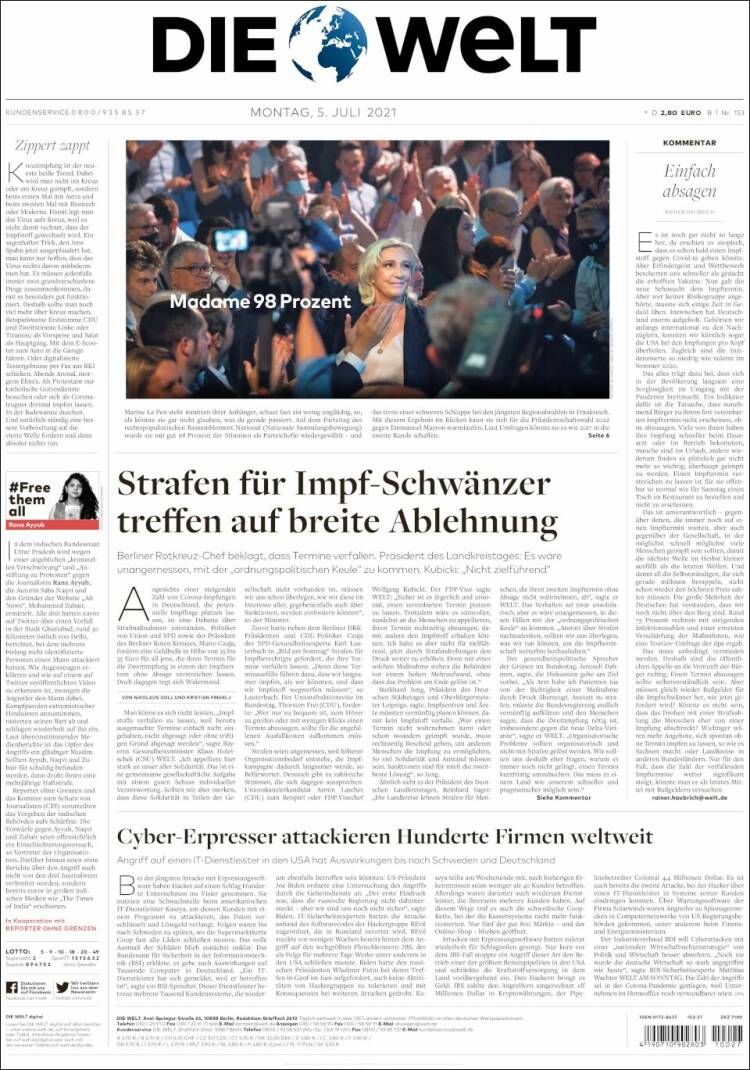 Portada de Die Welt (Allemagne)