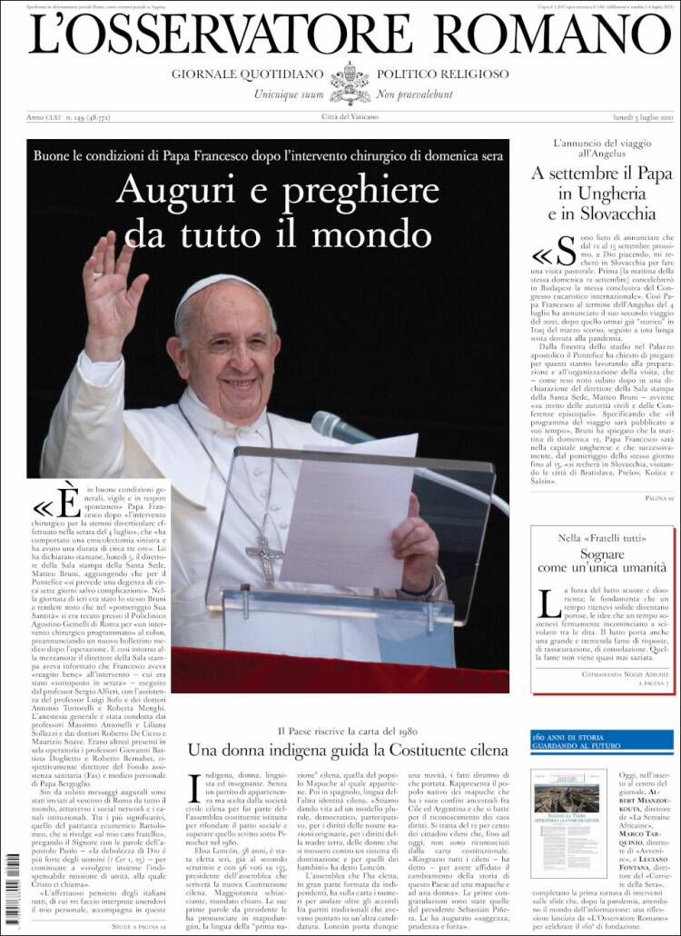 Portada de L'Osservatore Romano (Italia)