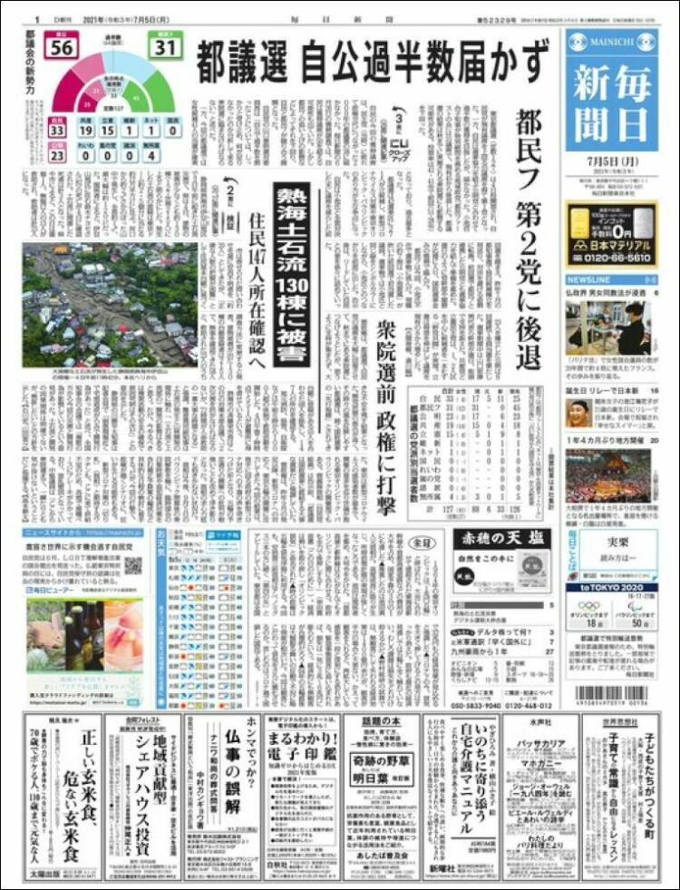 Portada de Mainichi Shimbun - 毎日新聞 (Jap&oacute;n)