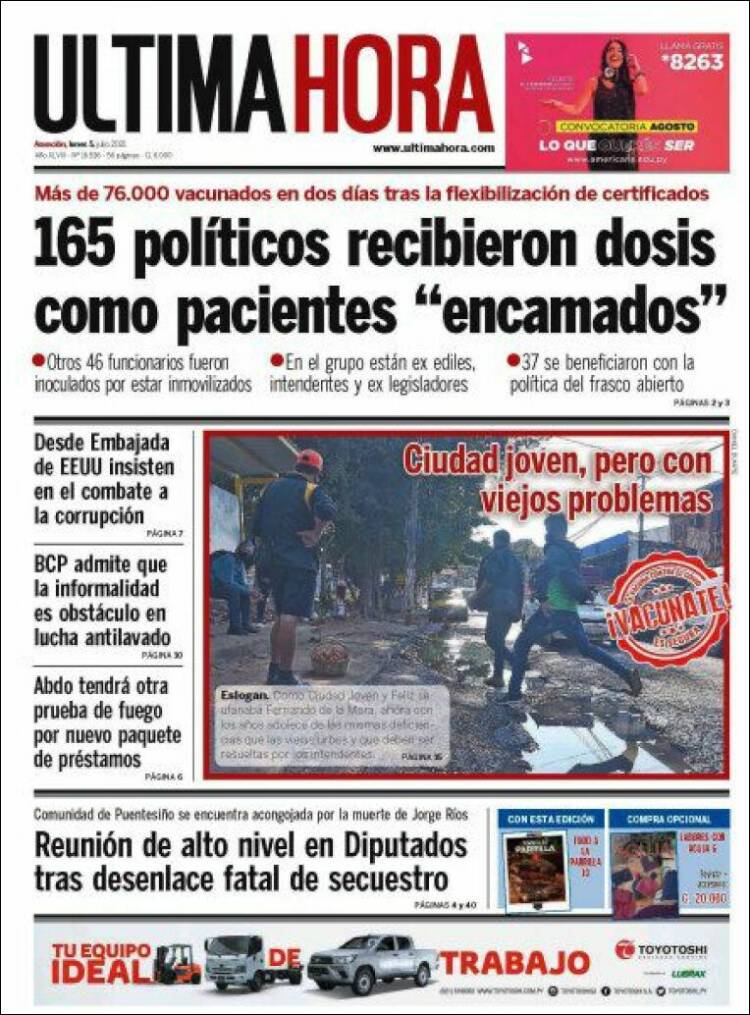 Portada de Última Hora (Paraguay)