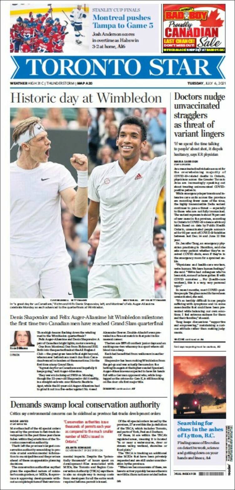 Portada de The Toronto Star (Canadá)