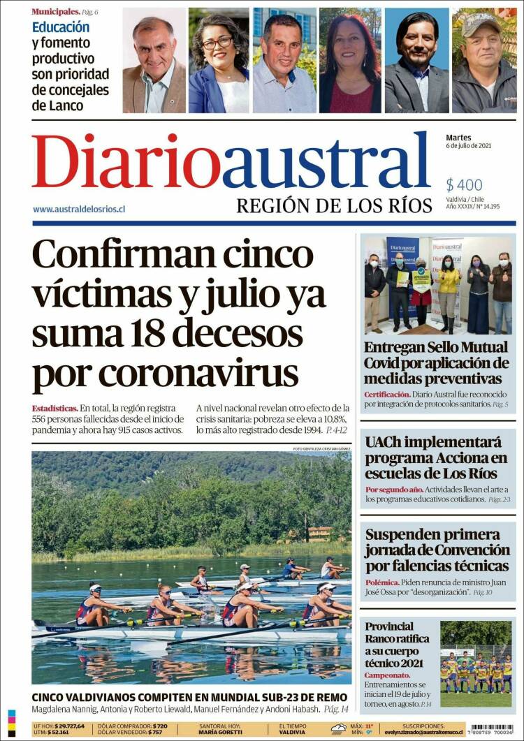 Portada de El Diario Austral de Valdivia (Chile)