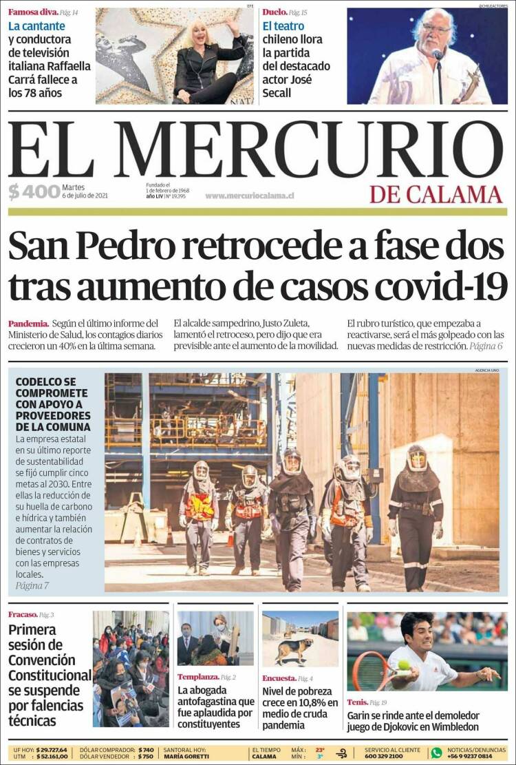 Portada de El Mercurio - Calama (Chile)