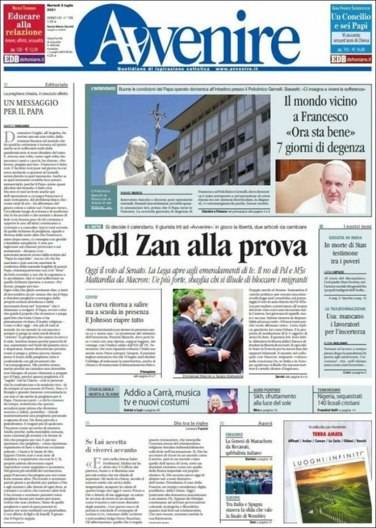 Portada de Avvenire (Italia)