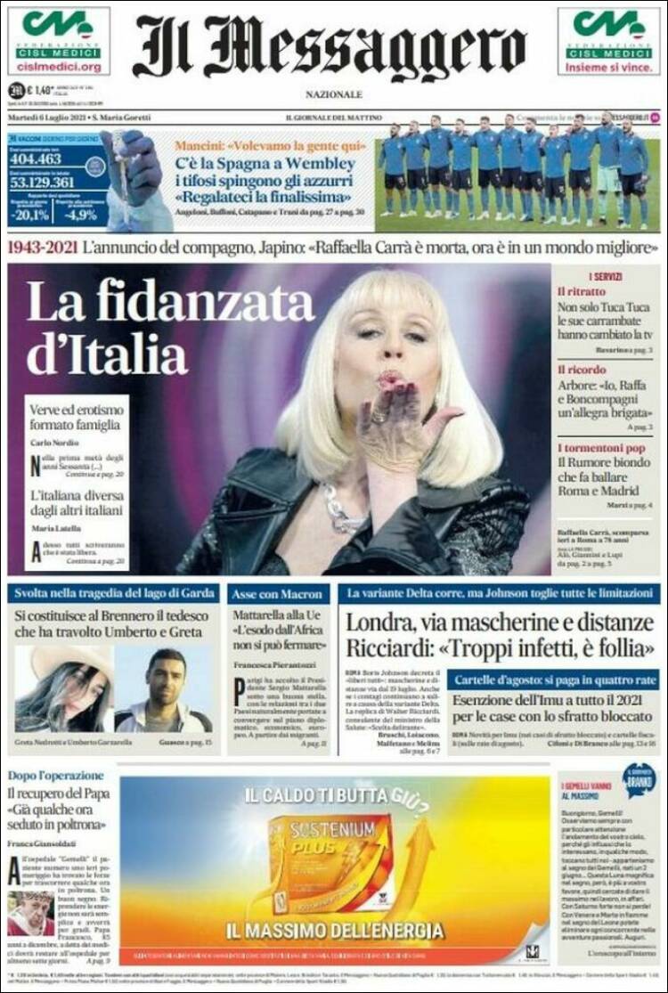 Portada de Il Messaggero (Italia)