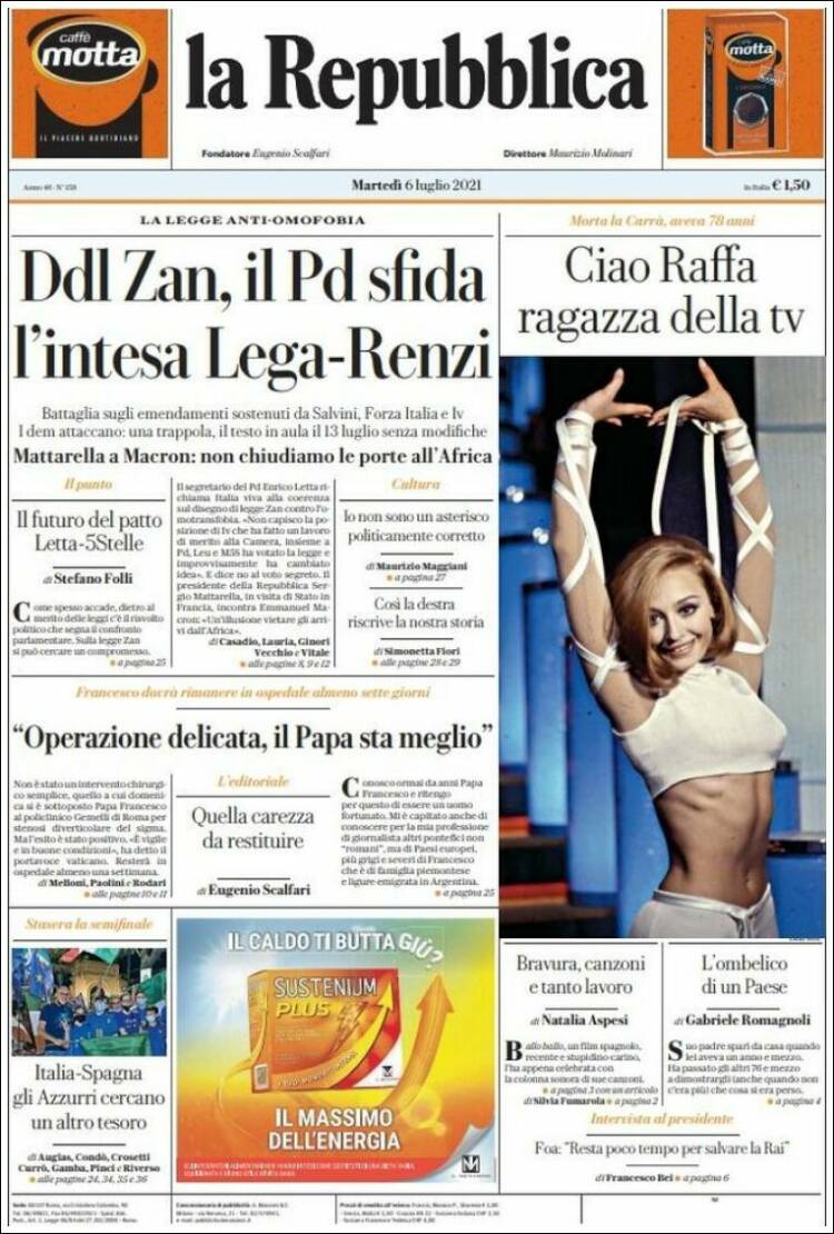 Portada de La Repubblica (Italia)
