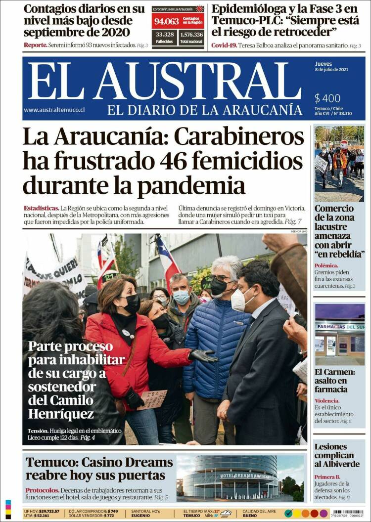 Portada de El Austral de Temuco (Chile)