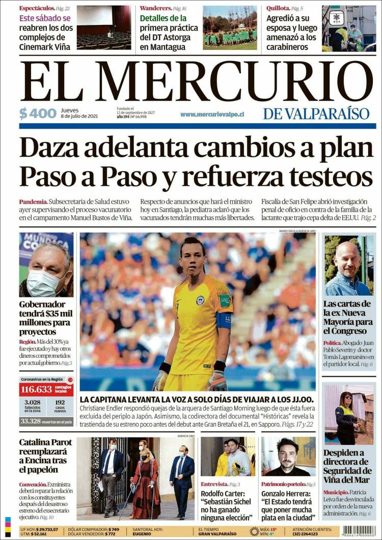 Portada de Mercurio de Valparaiso (Chile)