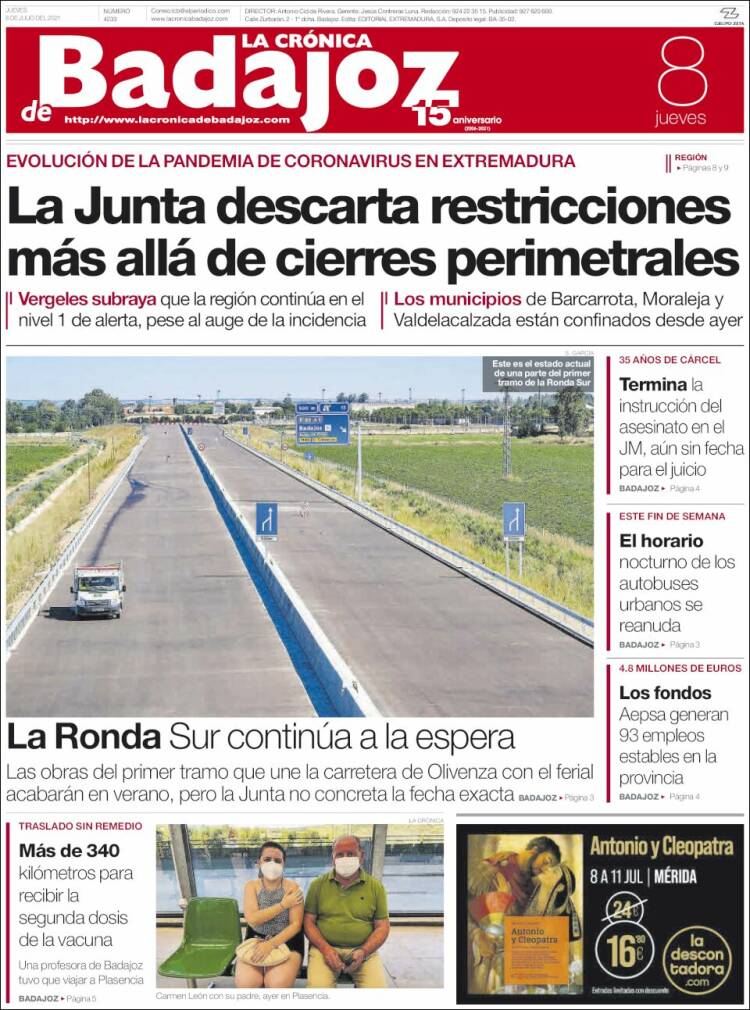 Portada de La Crónica de Badajoz (España)