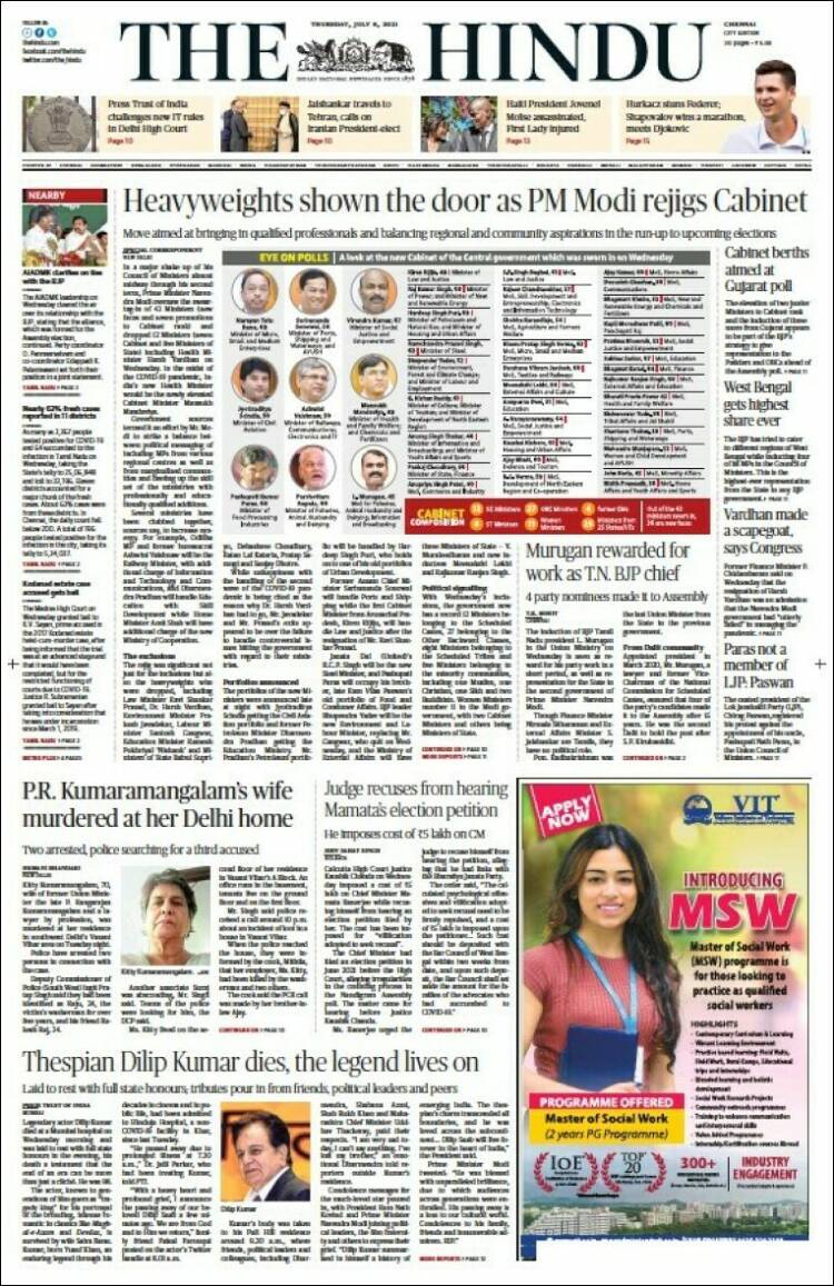 Portada de The Hindu (India)