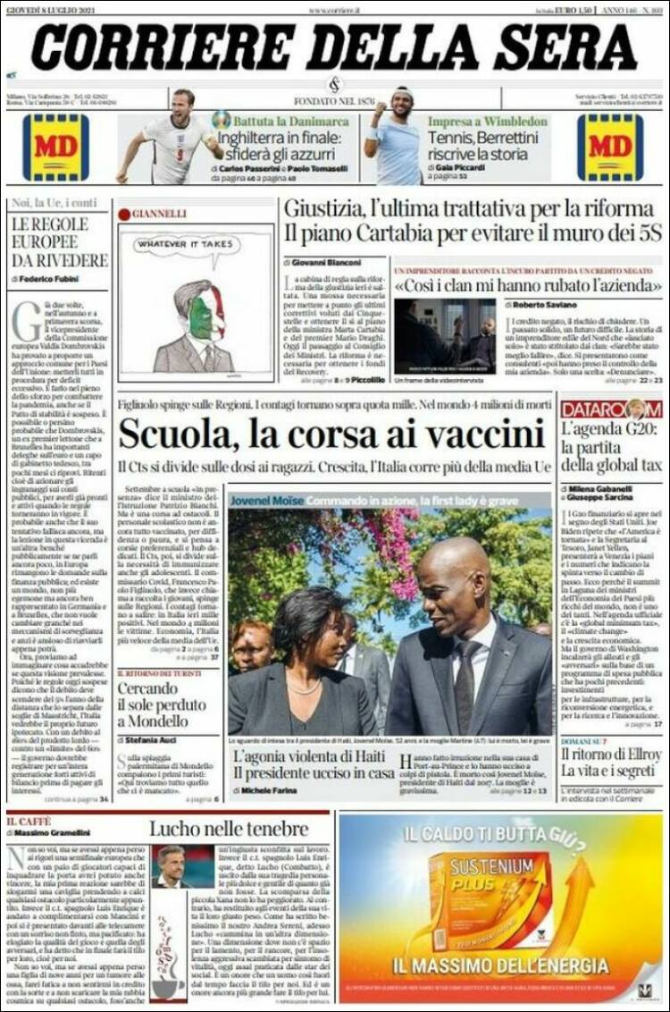 Portada de Corriere della Sera (Italia)