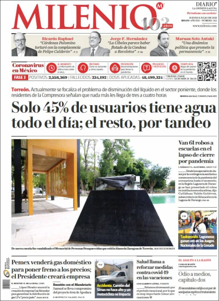 Portada de Milenio - Laguna (México)