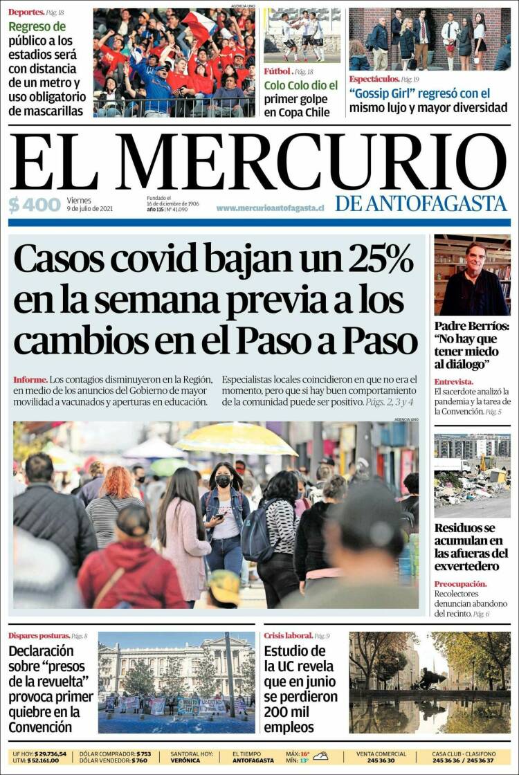 Portada de El Mercurio de Antofagasta (Chile)