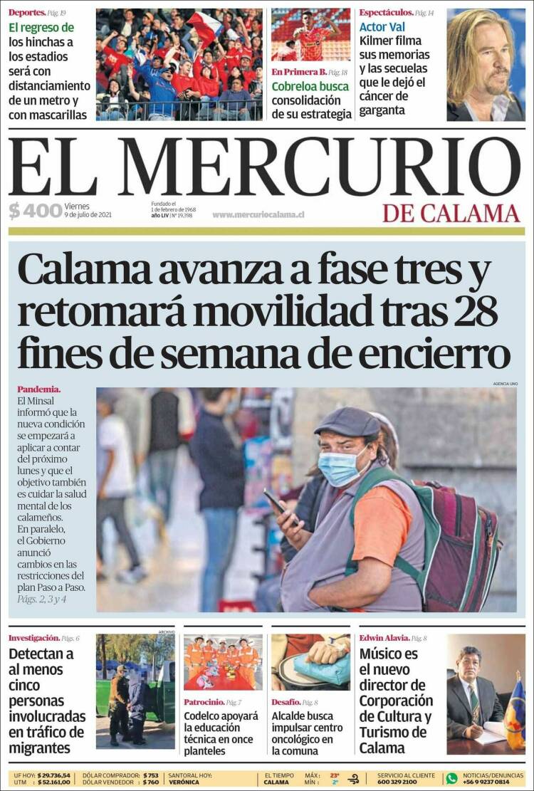 Portada de El Mercurio - Calama (Chile)