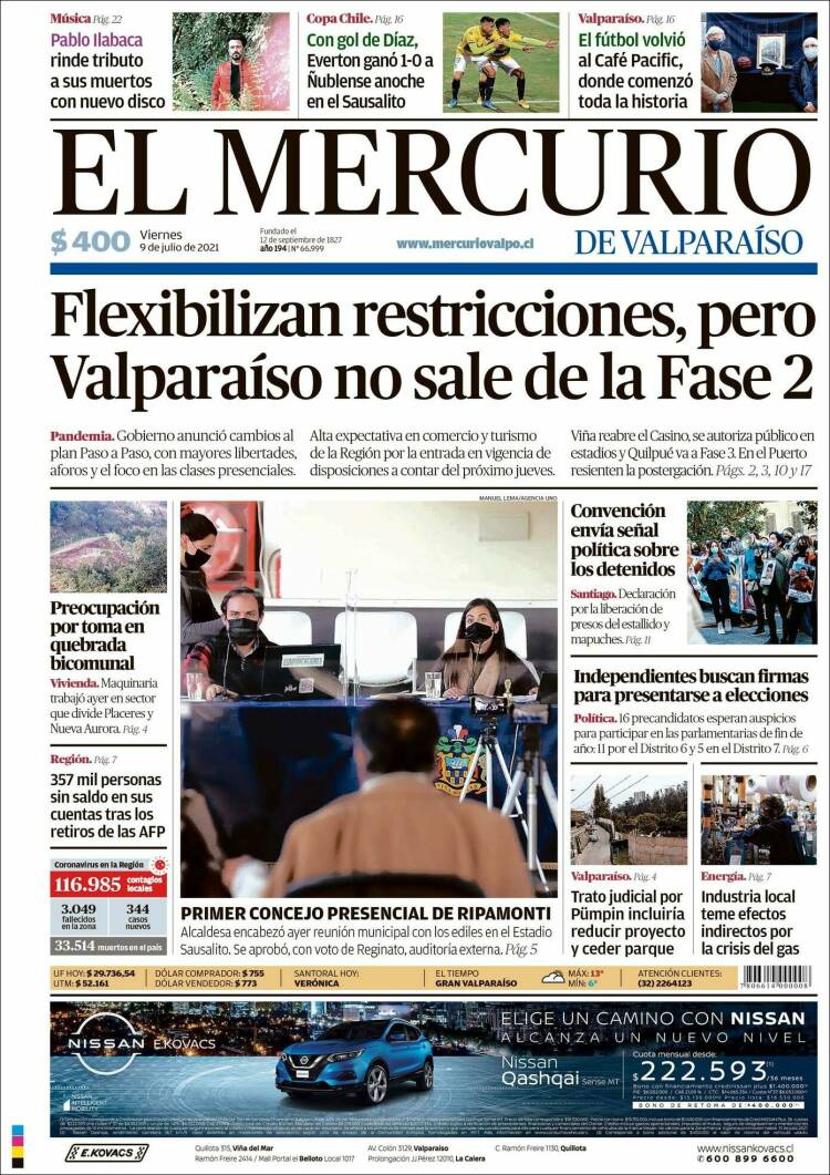 Portada de Mercurio de Valparaiso (Chile)