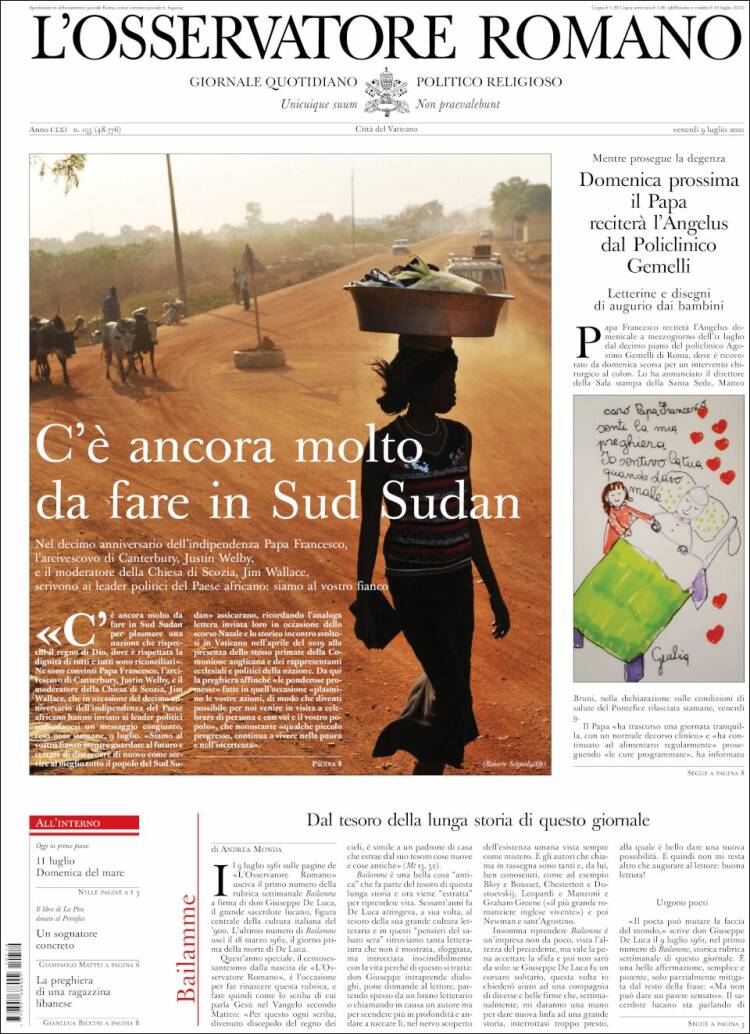 Portada de L'Osservatore Romano (Italia)