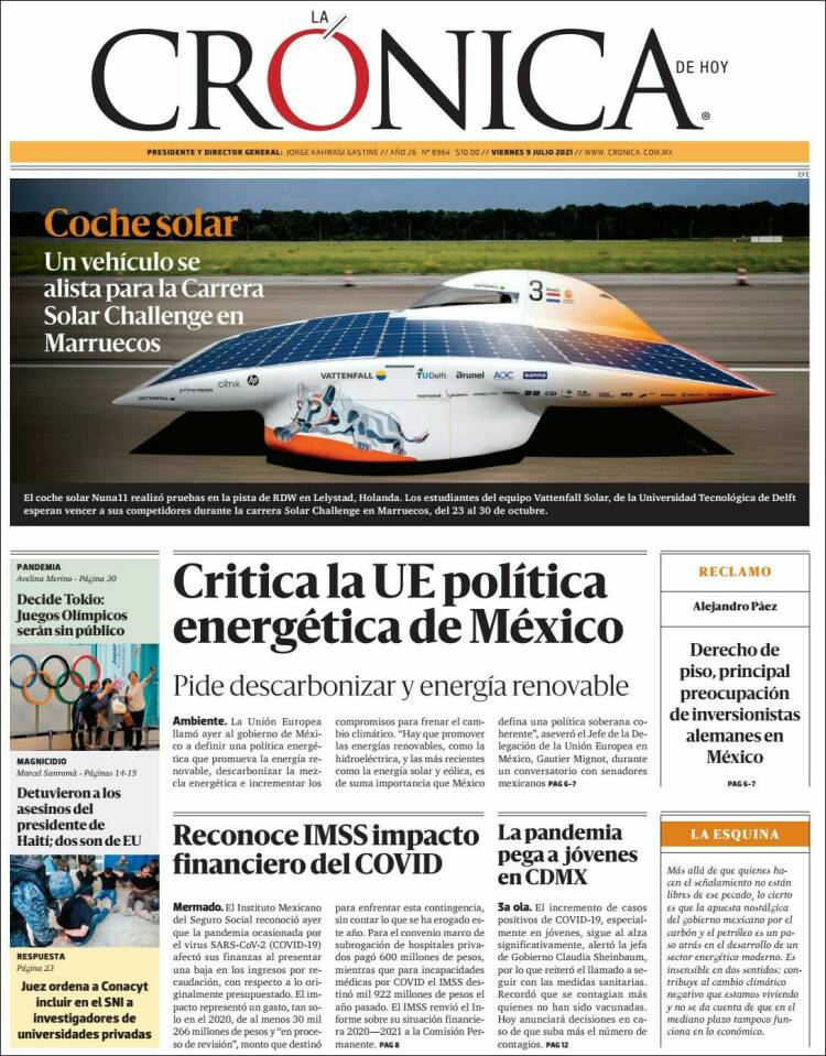 Portada de La Crónica de Hoy (México)