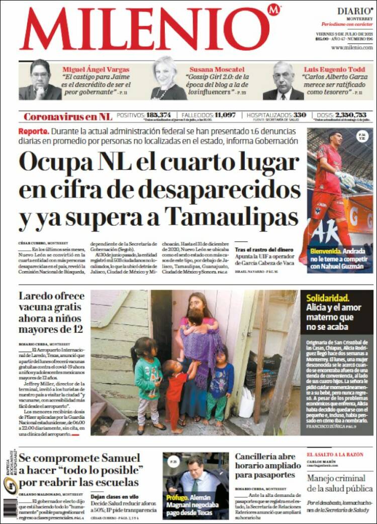 Portada de Milenio de Monterrey (México)