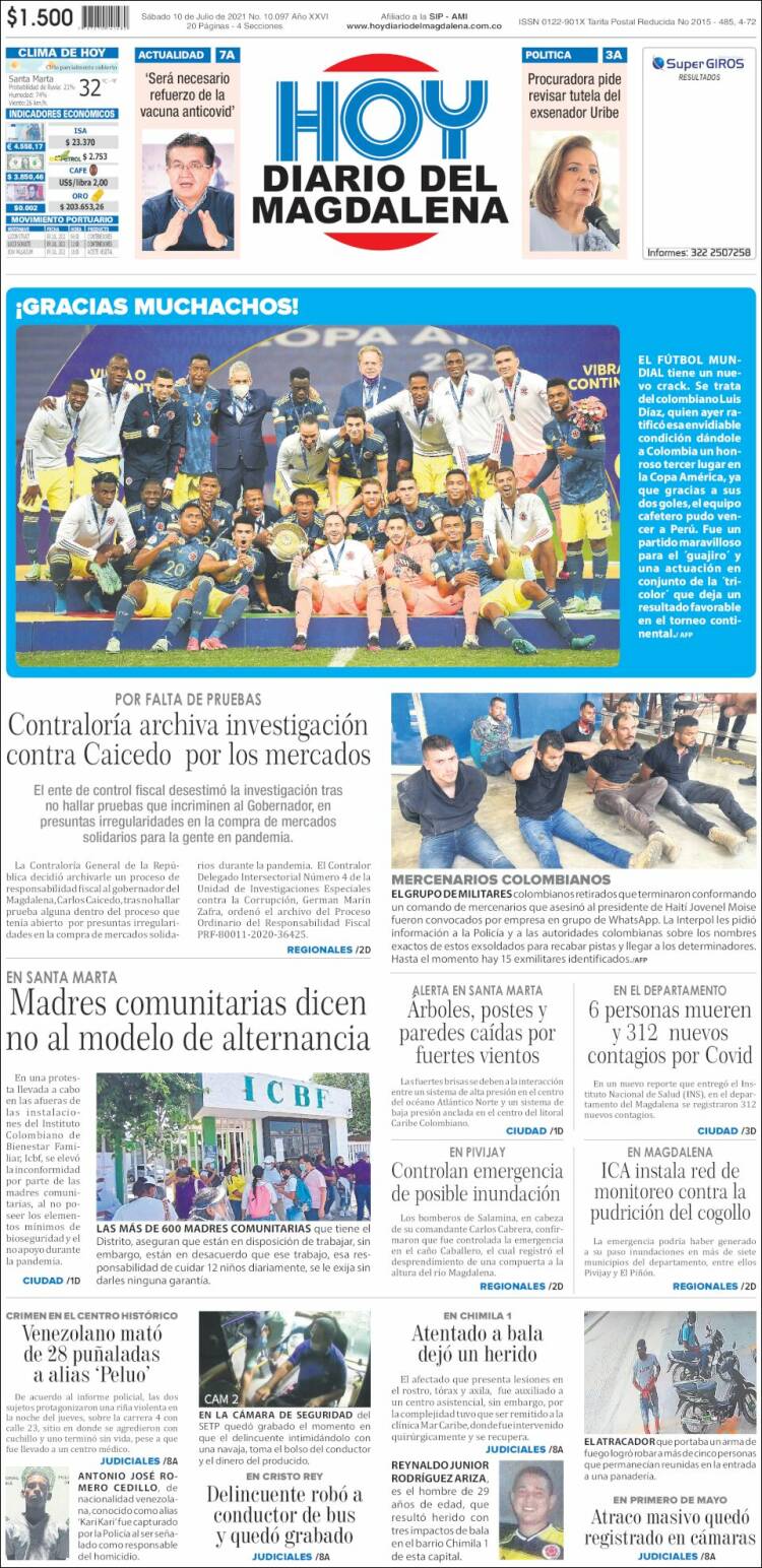 Portada de Hoy Diario del Magdalena (Colombie)