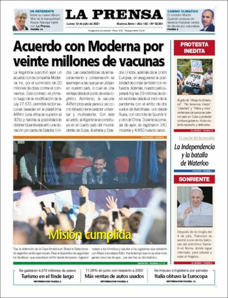 Portada de La Prensa (Argentina)