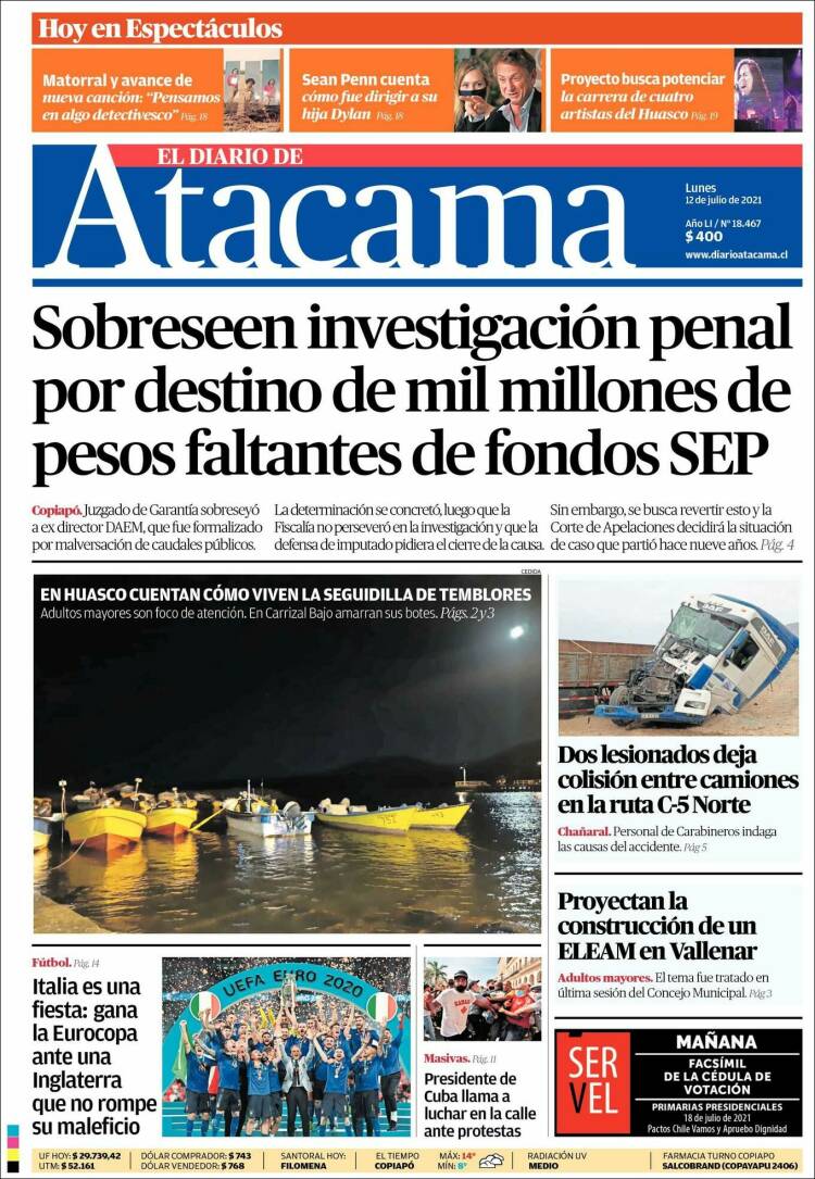 Portada de Diario de Atacama (Chile)