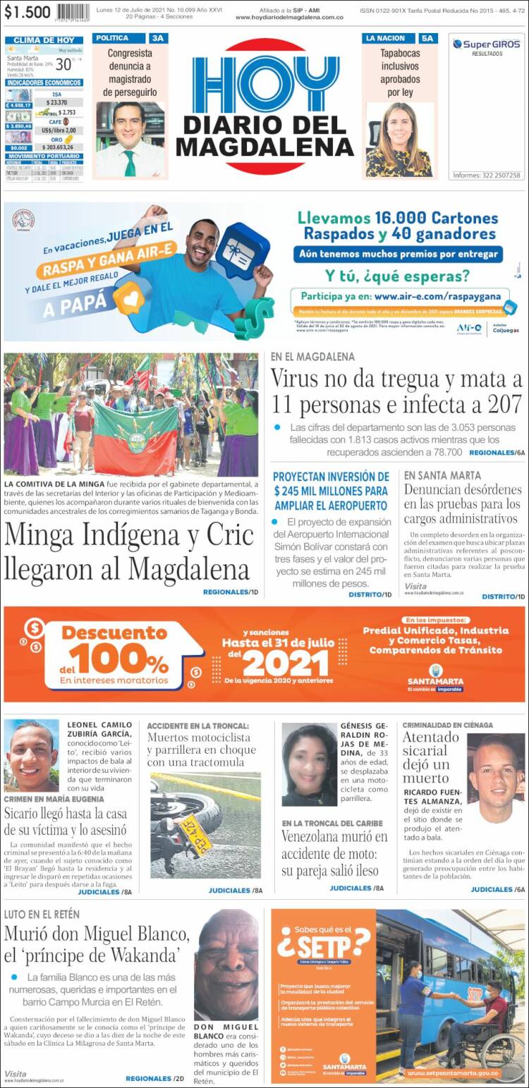 Portada de Hoy Diario del Magdalena (Colombia)