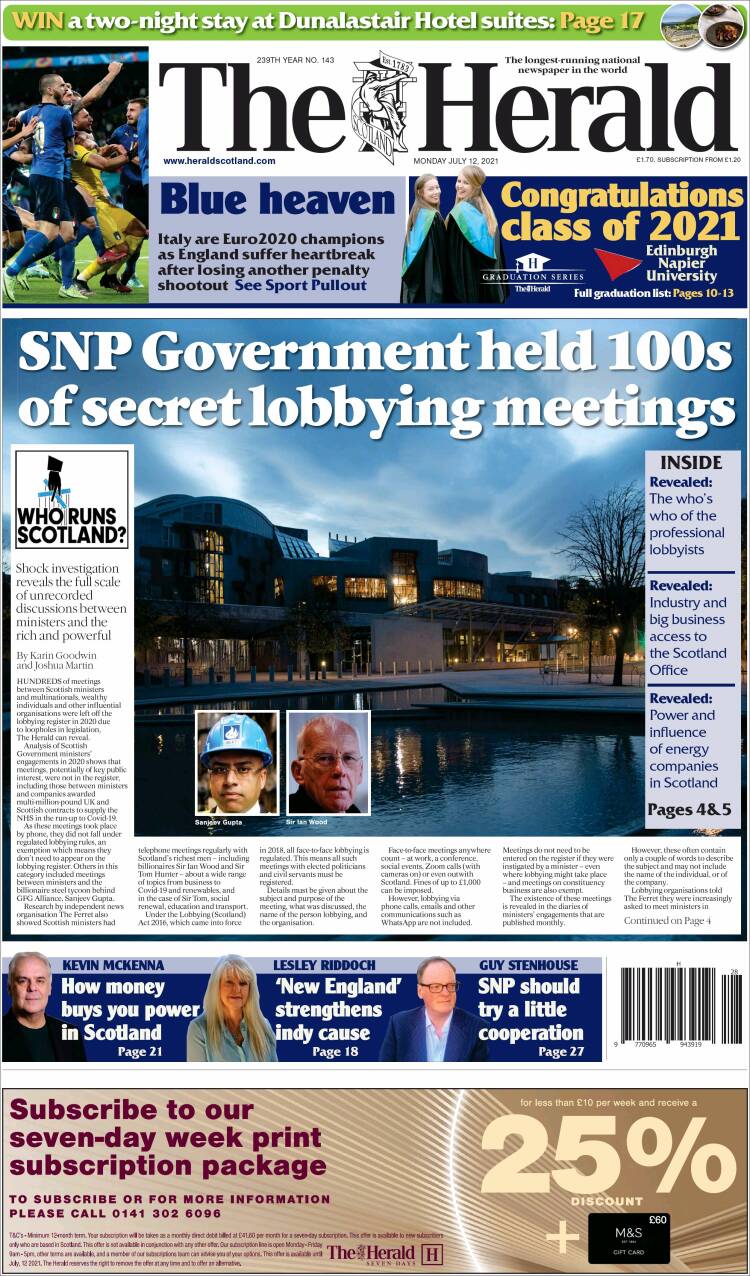 Portada de The Herald (Reino Unido)