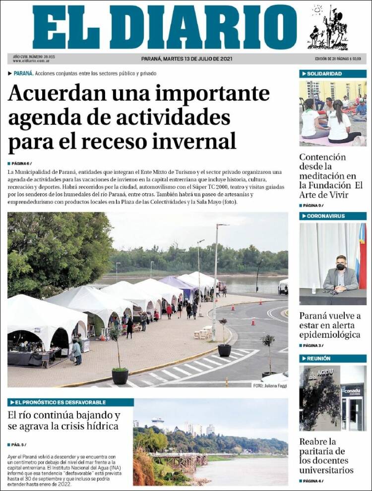 Portada de El Diario de Paraná (Argentina)