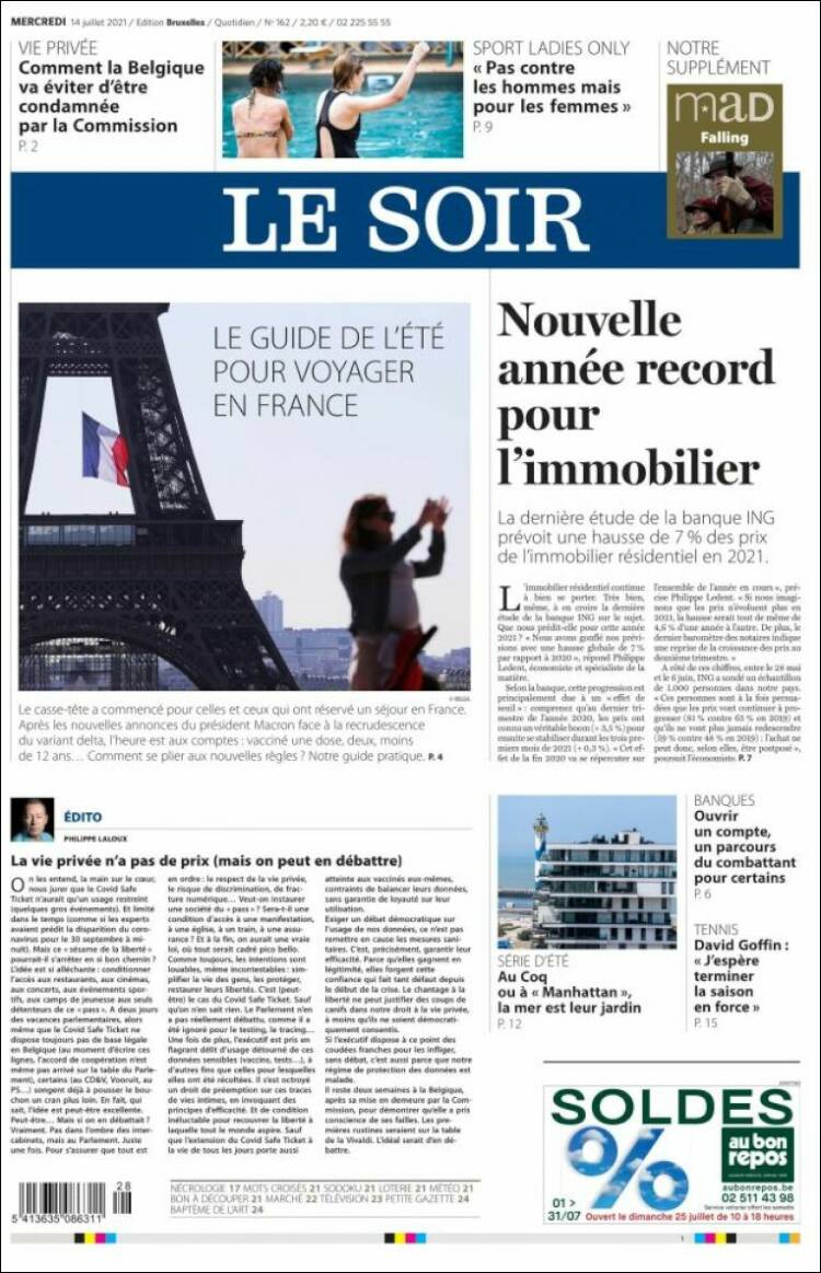 Portada de Le Soir (B&eacute;lgica)
