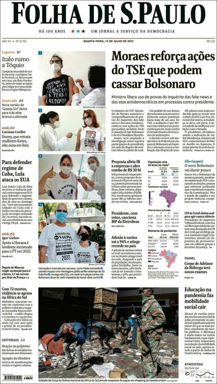 Portada de Folha de São Paulo (Brasil)