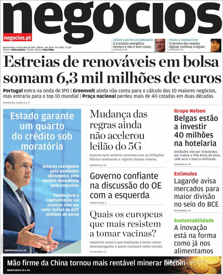 Portada de Jornal de Negócios (Portugal)