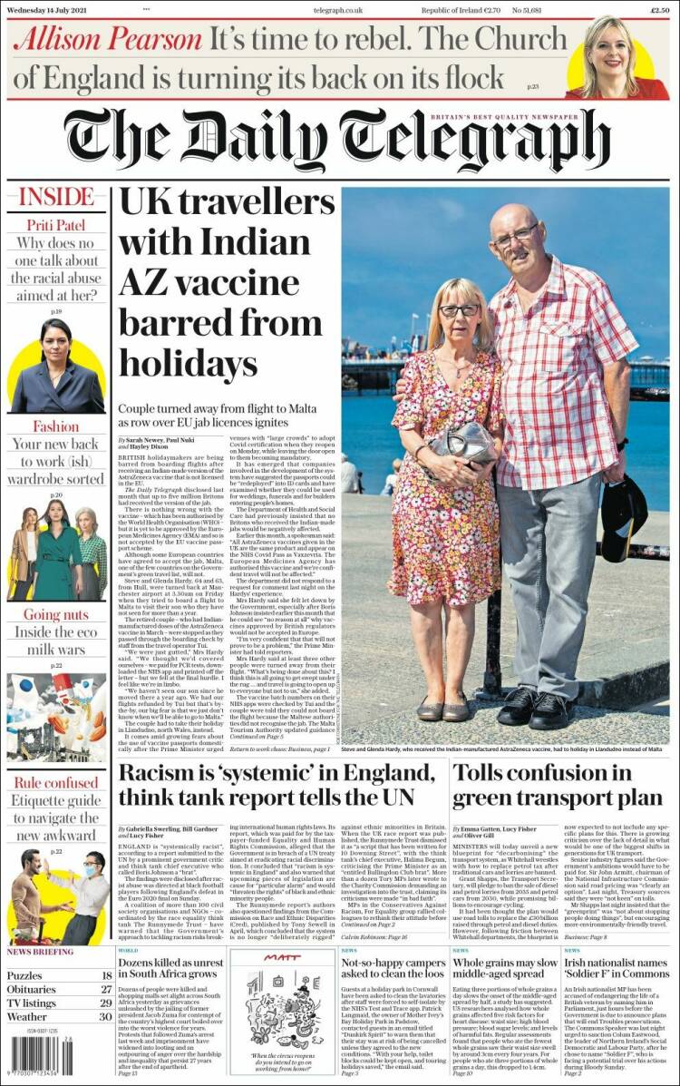 Portada de Daily Telegraph (Reino Unido)