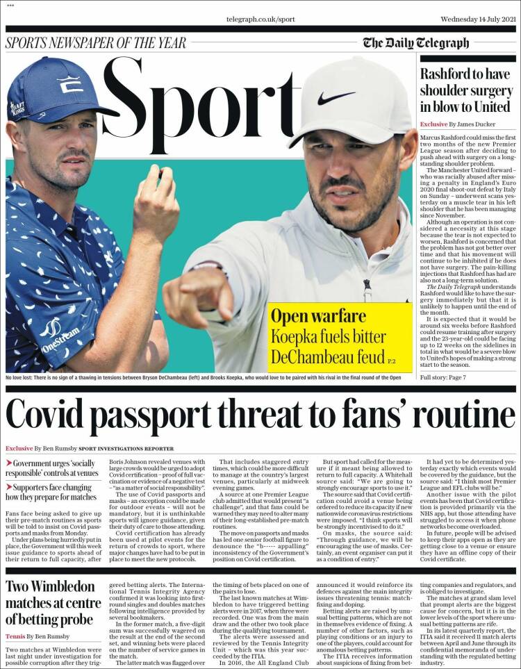 Portada de Telegraph Sport (Reino Unido)