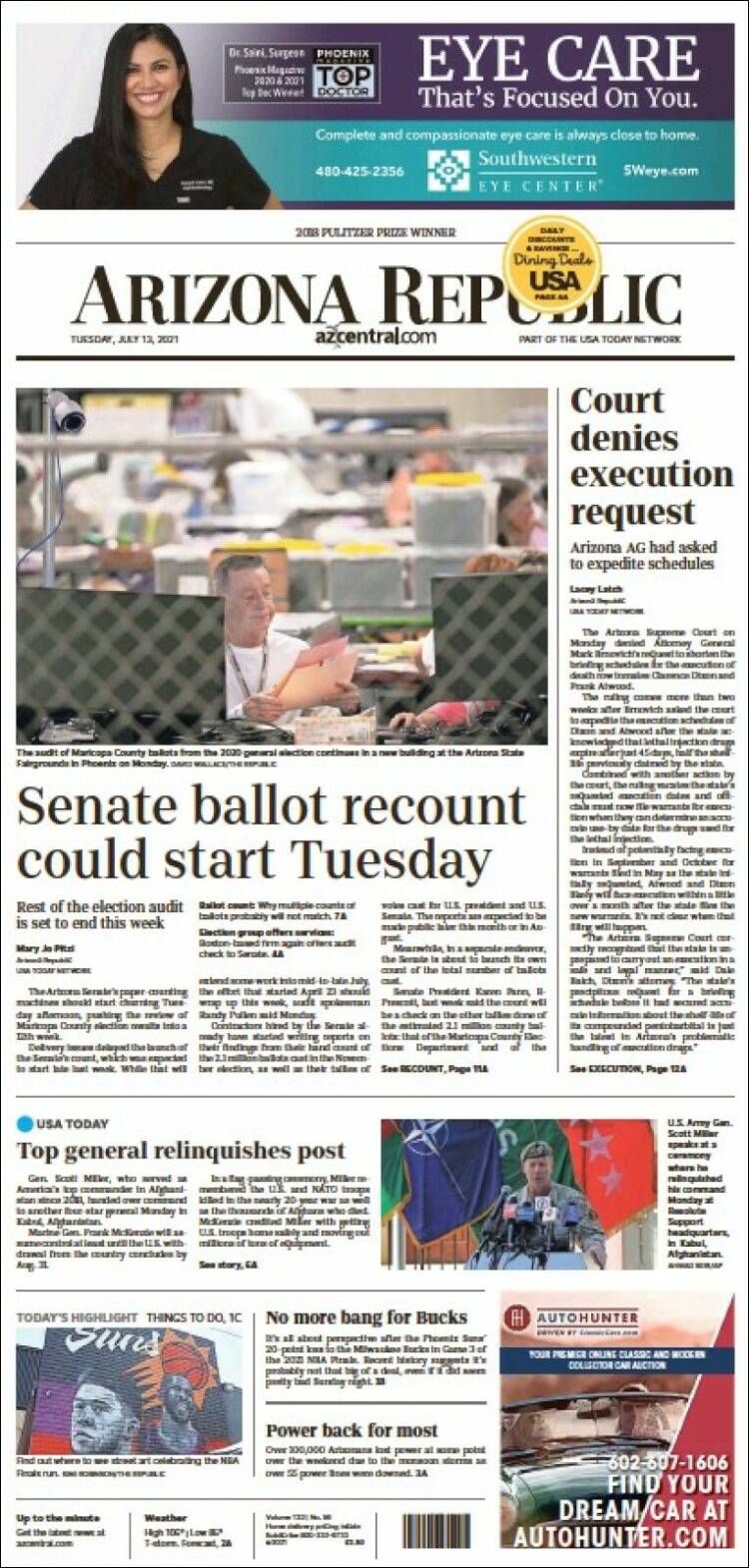 Portada de Arizona Republic News (USA)