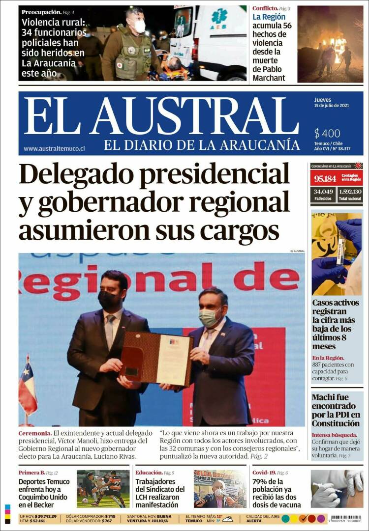 Portada de El Austral de Temuco (Chile)