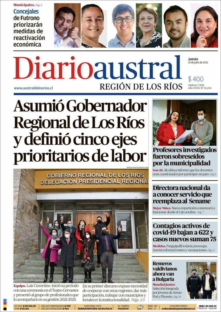 Portada de El Diario Austral de Valdivia (Chile)