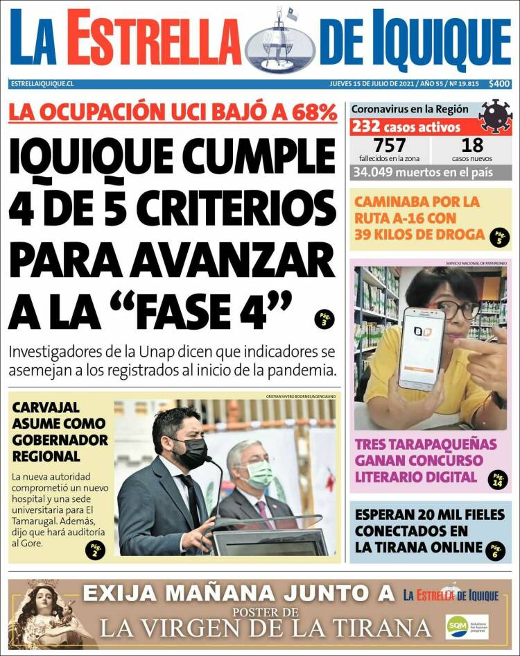 Portada de La Estrella de Iquique (Chile)