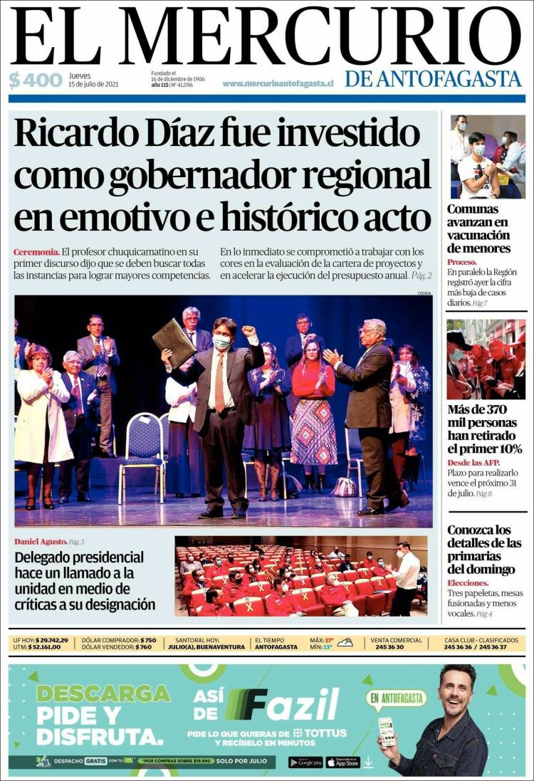 Portada de El Mercurio de Antofagasta (Chile)