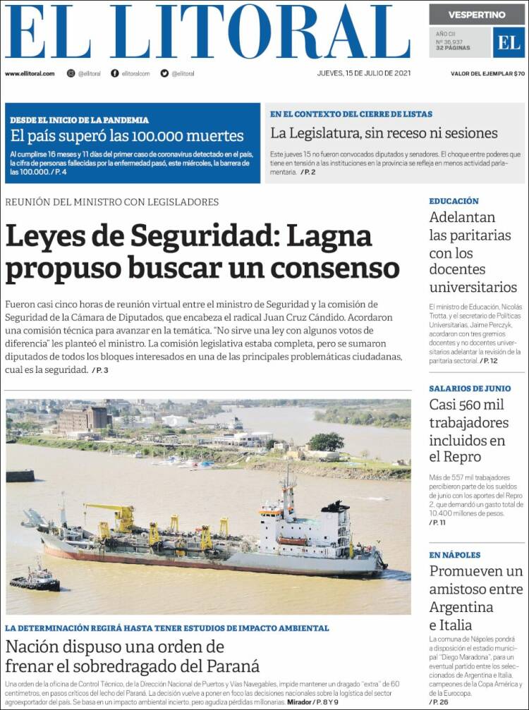 Portada de Diario El Litoral (Argentina)