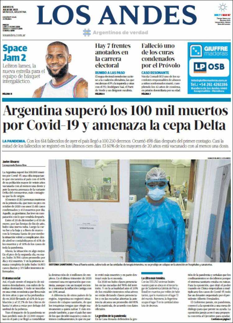 Portada de Los Andes - Mendoza (Argentina)