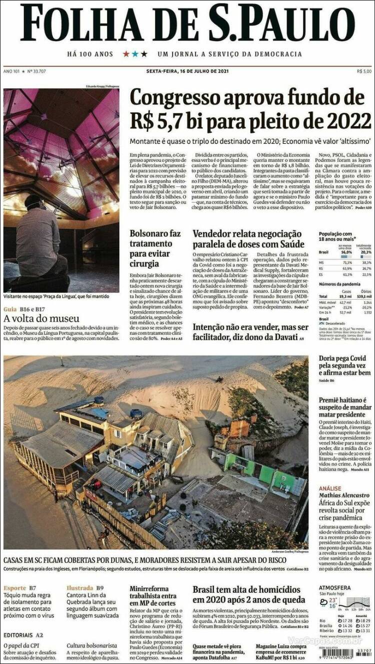 Portada de Folha de São Paulo (Brasil)