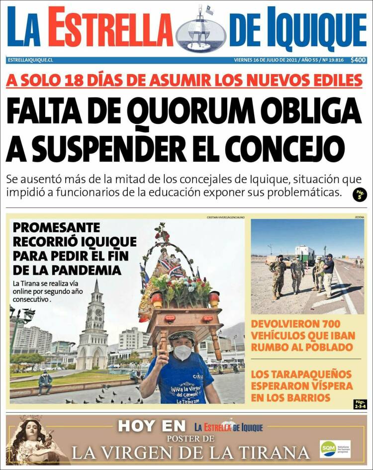 Portada de La Estrella de Iquique (Chile)