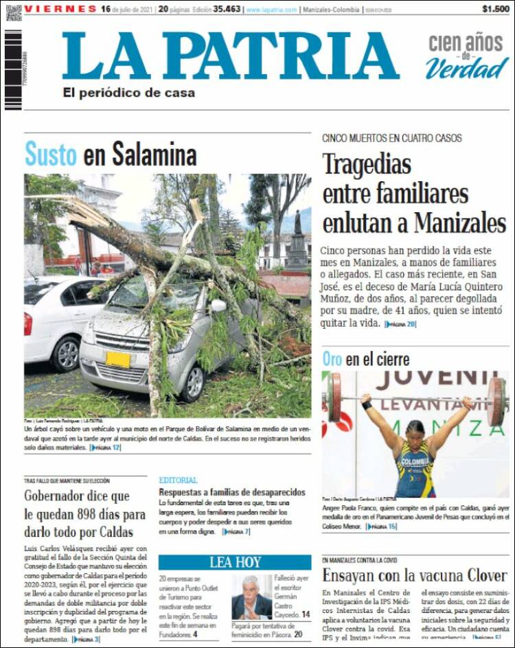 Portada de La Patria (Colombia)