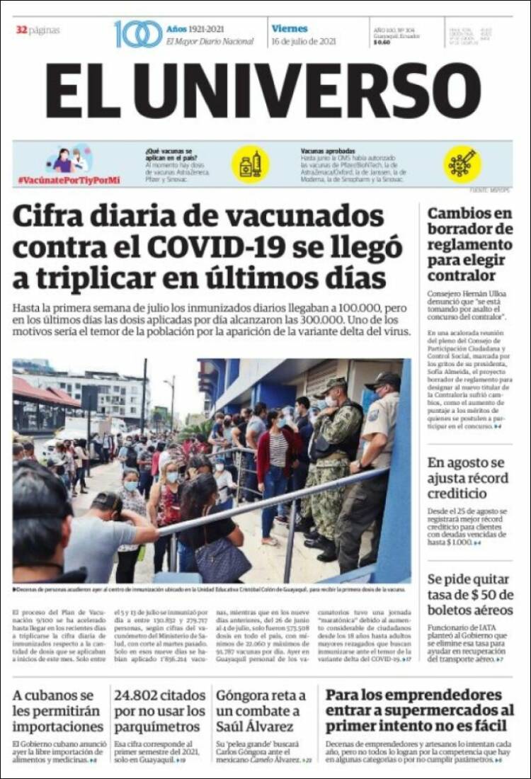 Portada de El Universo - Ecuador (Ecuador)