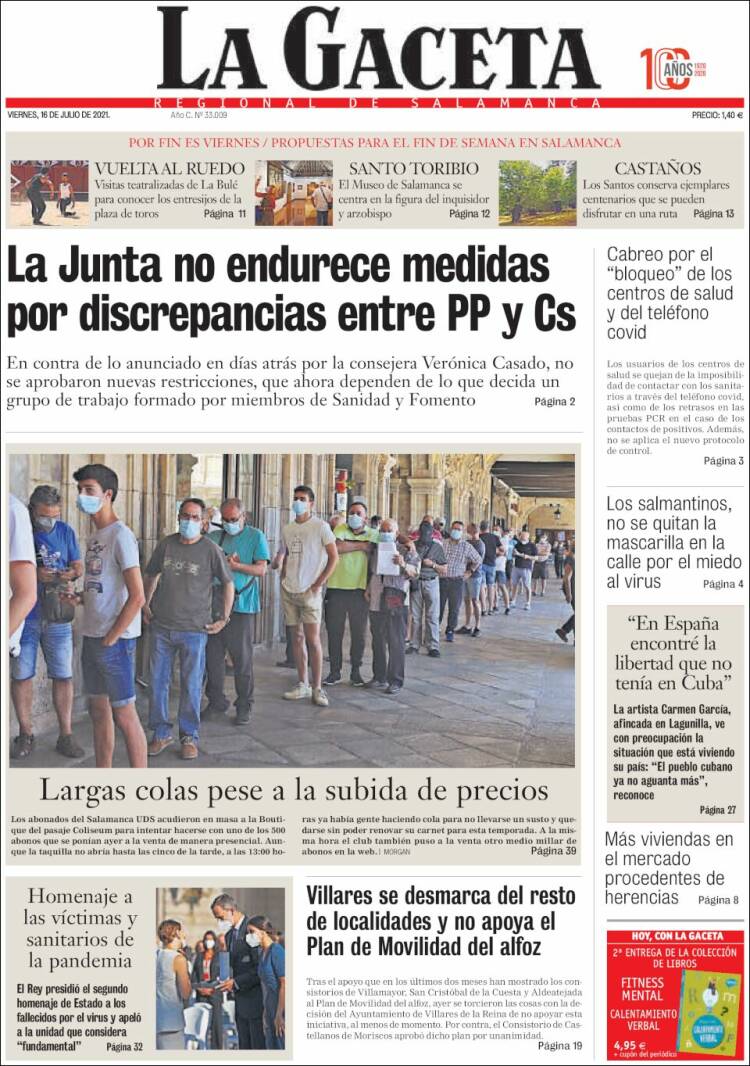 Portada de La Gaceta de Salamanca (España)