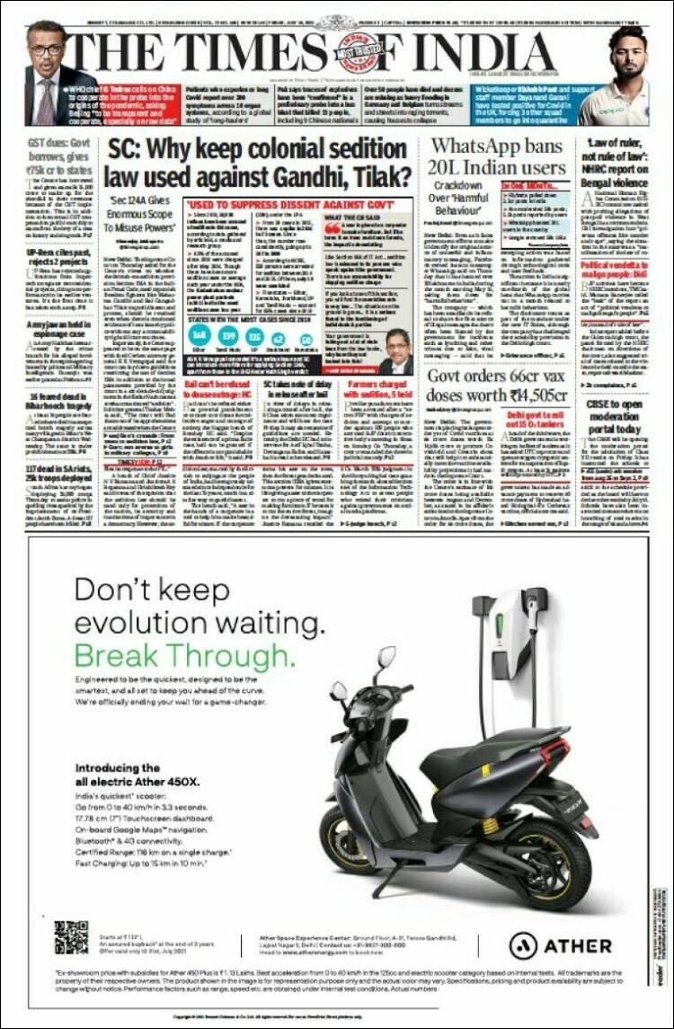 Portada de The Times of India (India)