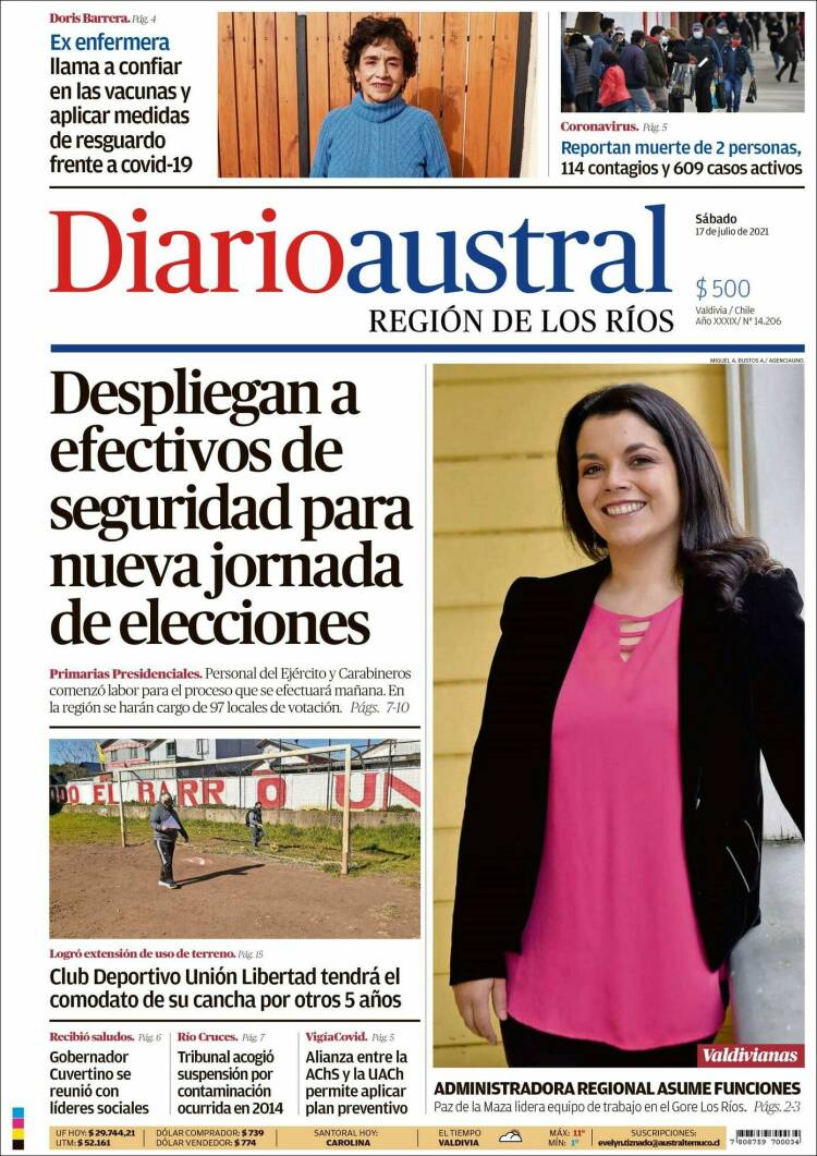 Portada de El Diario Austral de Valdivia (Chile)