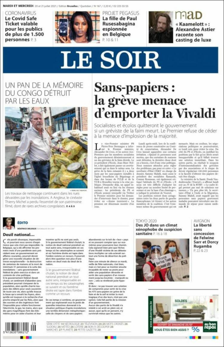 Portada de Le Soir (B&eacute;lgica)