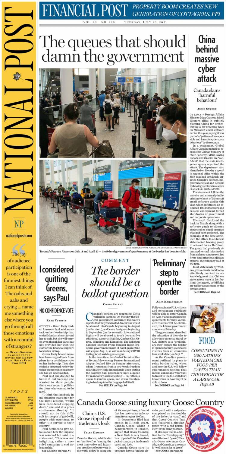 Portada de The National Post (Canada)