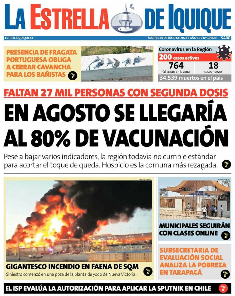 Portada de La Estrella de Iquique (Chile)